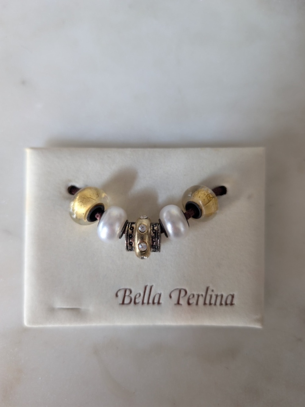 Bella Perlina Silver Tone Gold Yellow pearl white glass Charm Beads rhinestone